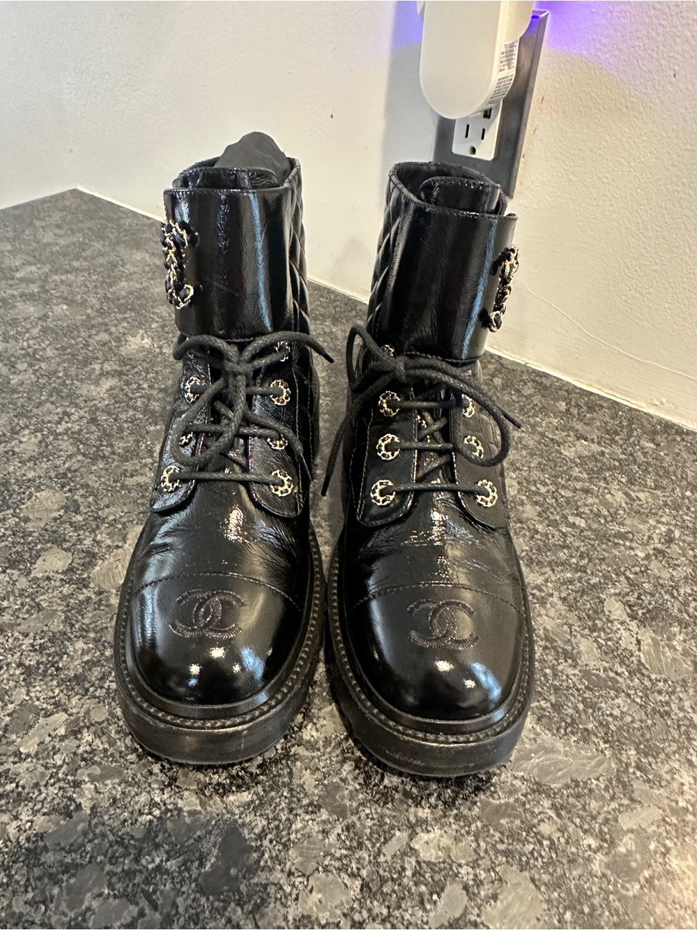 CHANEL Black Patent Leather Quilted Lace-Up Combat Boots with Gold Hardware